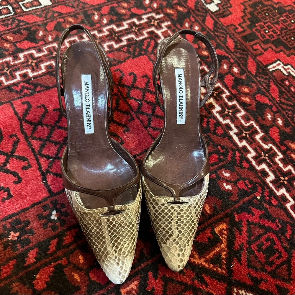 Manolo Blahnik Snake Slingback Heels 37